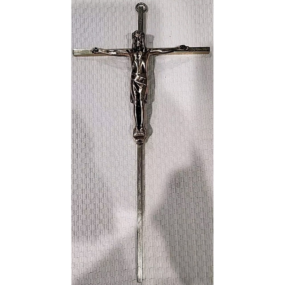 Vintage Silver Tone Metal Crucifix Wall Cross INRI Religious Decor 7.5 Inch